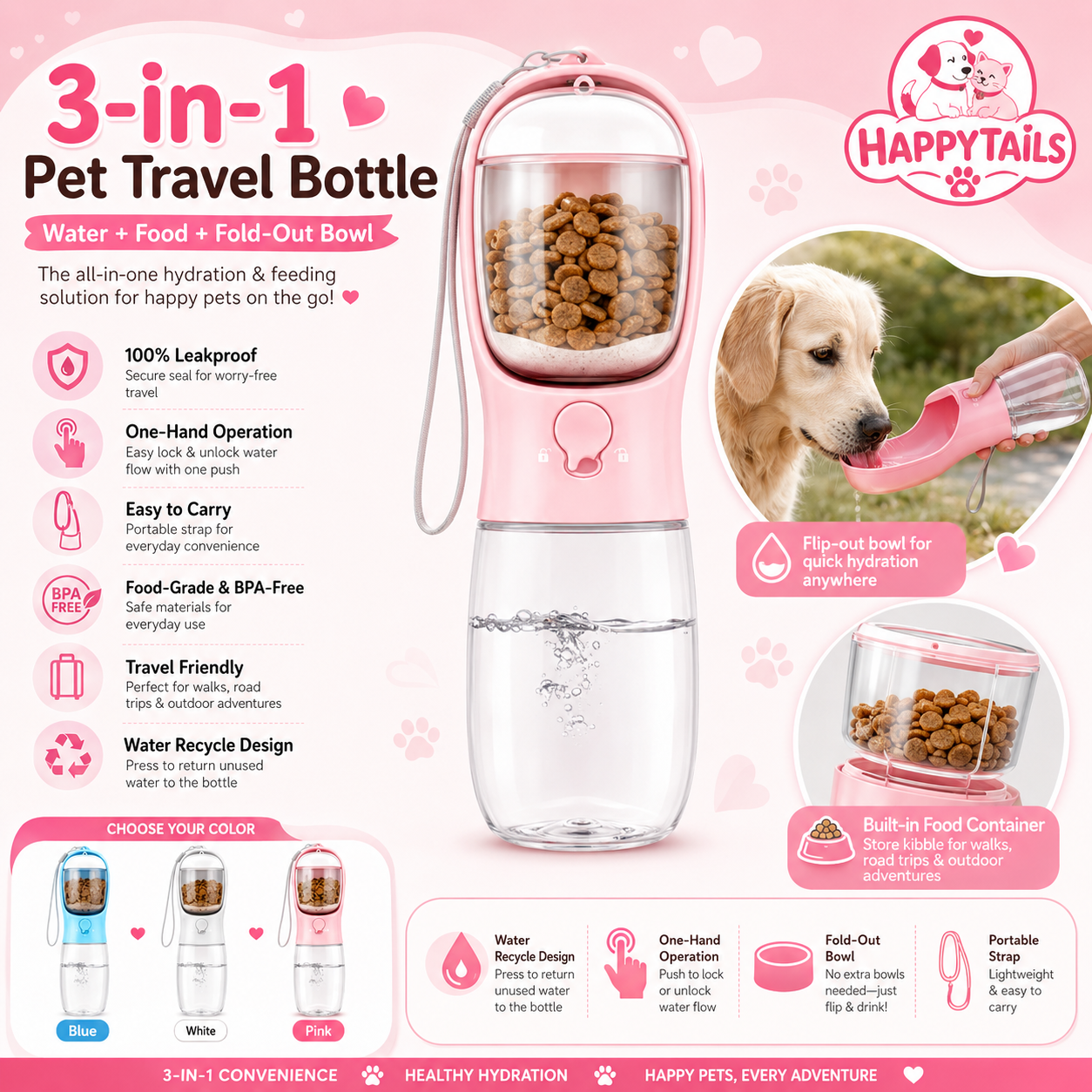 HAPPYTAILS PawGo™ 2-in-1 Travel Bottle with Storage Food and Water Container for Pet.