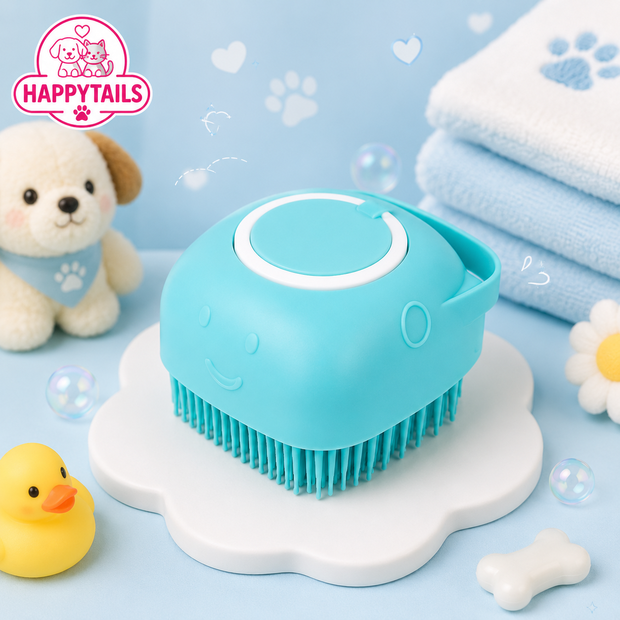 HAPPYTAILS PawSpa™ 2-in-1 Pet Bath & Massage Brush With Shampoo Dispenser For Puppy Kitten Sensitive Skin