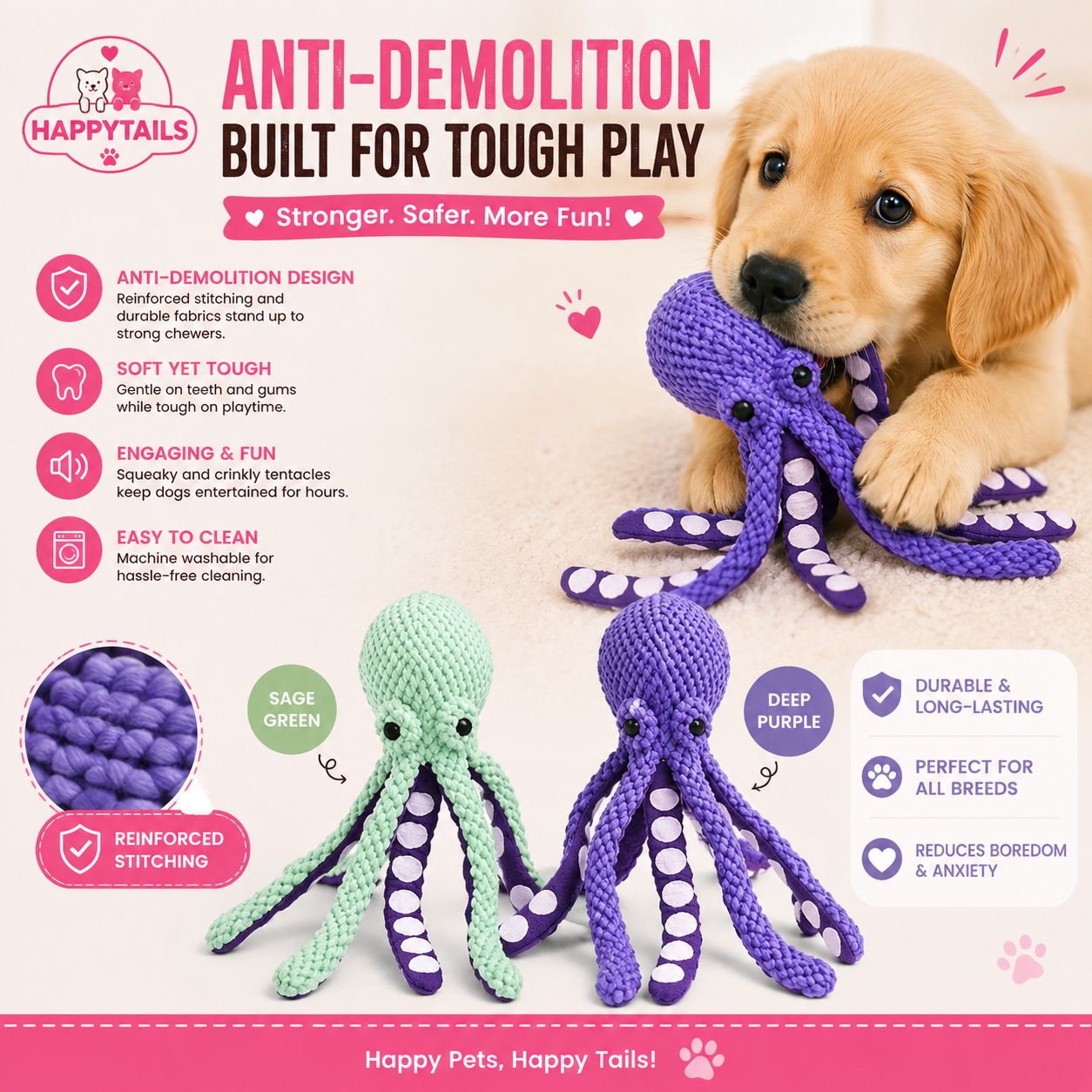 HAPPYTAILS PawPlay™ Chewy Octopus Interactive Sound Anti-Demolition