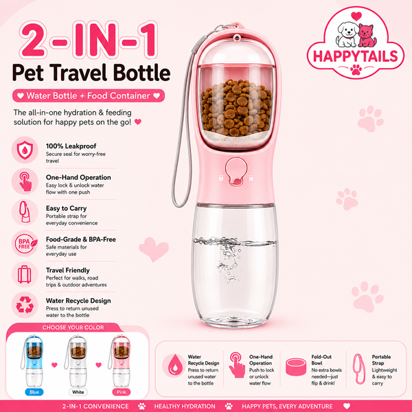 HAPPYTAILS 2-in-1 Travel Bottle with Food Storage