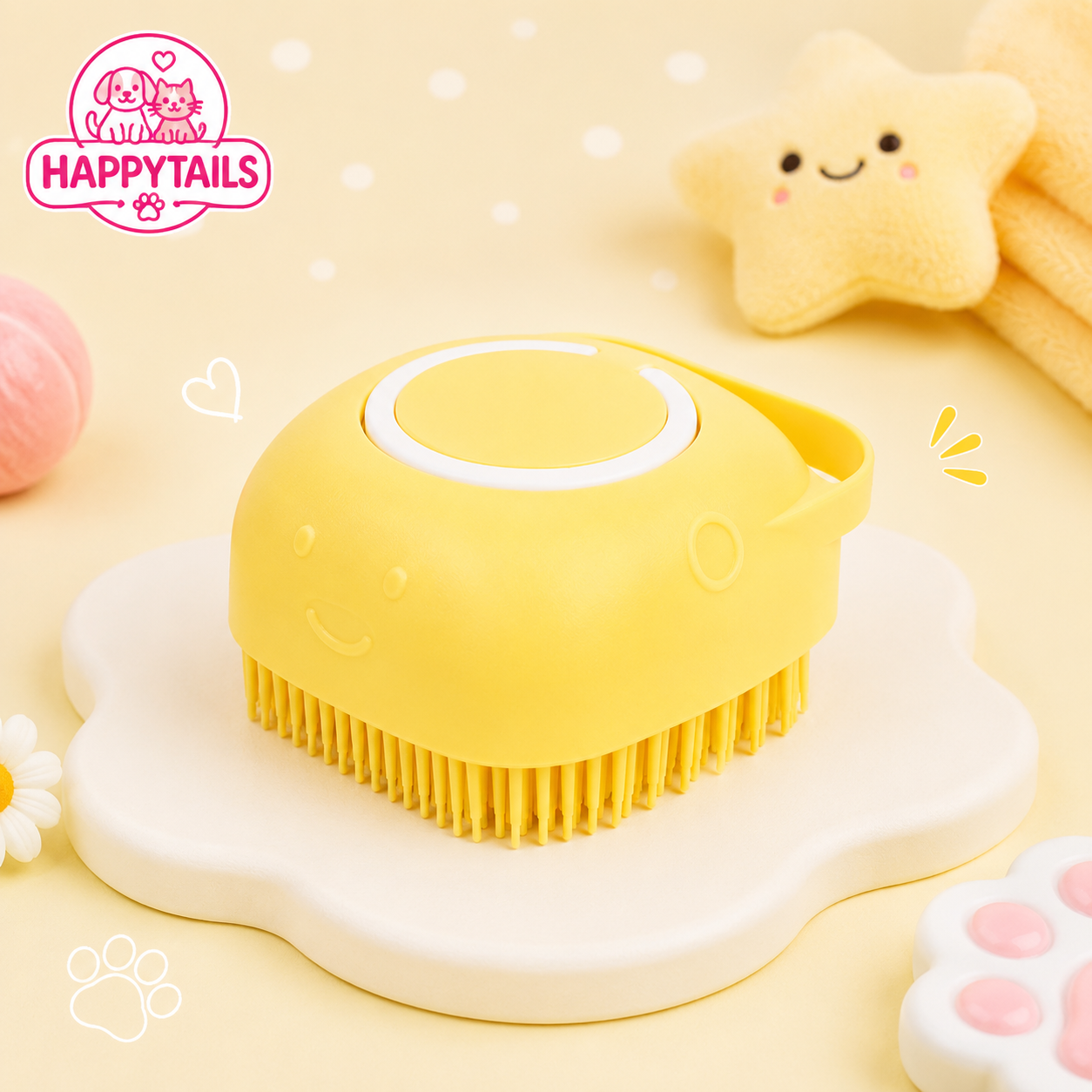 HAPPYTAILS PawSpa™ 2-in-1 Pet Bath & Massage Brush With Shampoo Dispenser For Puppy Kitten Sensitive Skin